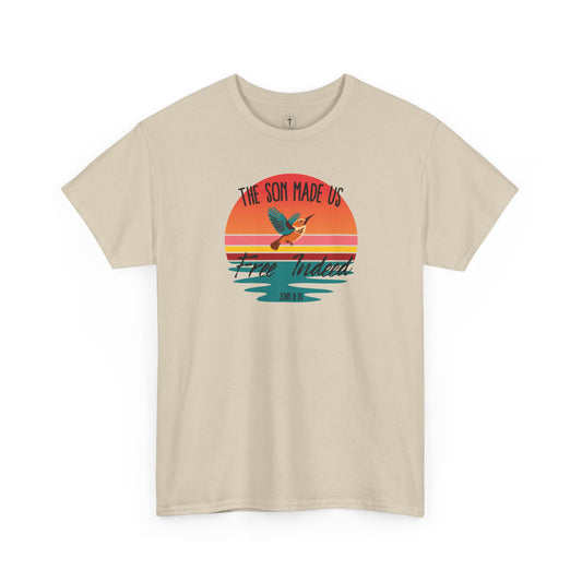 Christ Centered Faith men's Christian T-shirt with "The Son Made Us Free Indeed" and John 8:36 Bible verse text in black over retro sunset and hummingbird design on beige background.