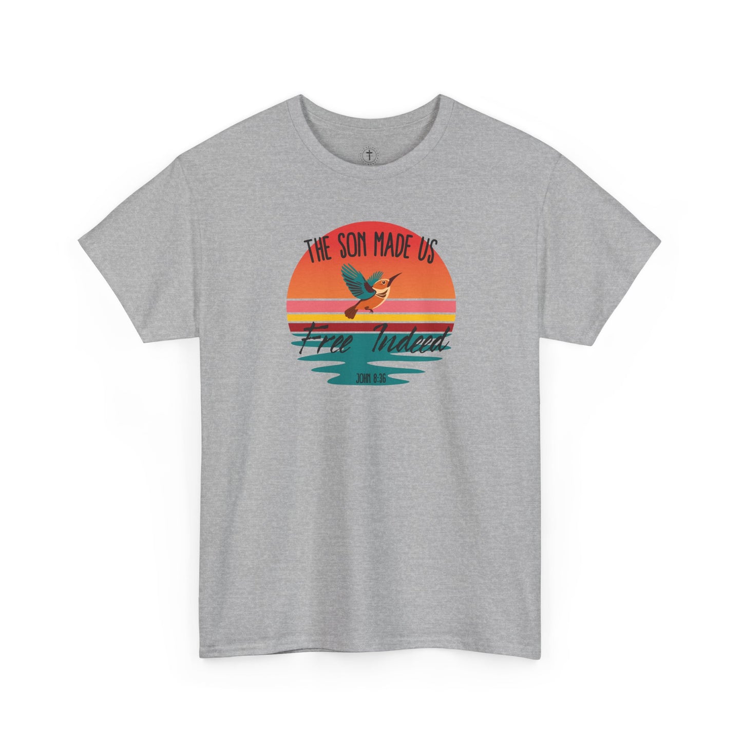 Christ Centered Faith men's Christian T-shirt with "The Son Made Us Free Indeed" and John 8:36 Bible verse text in black over retro sunset and hummingbird design on gray background.