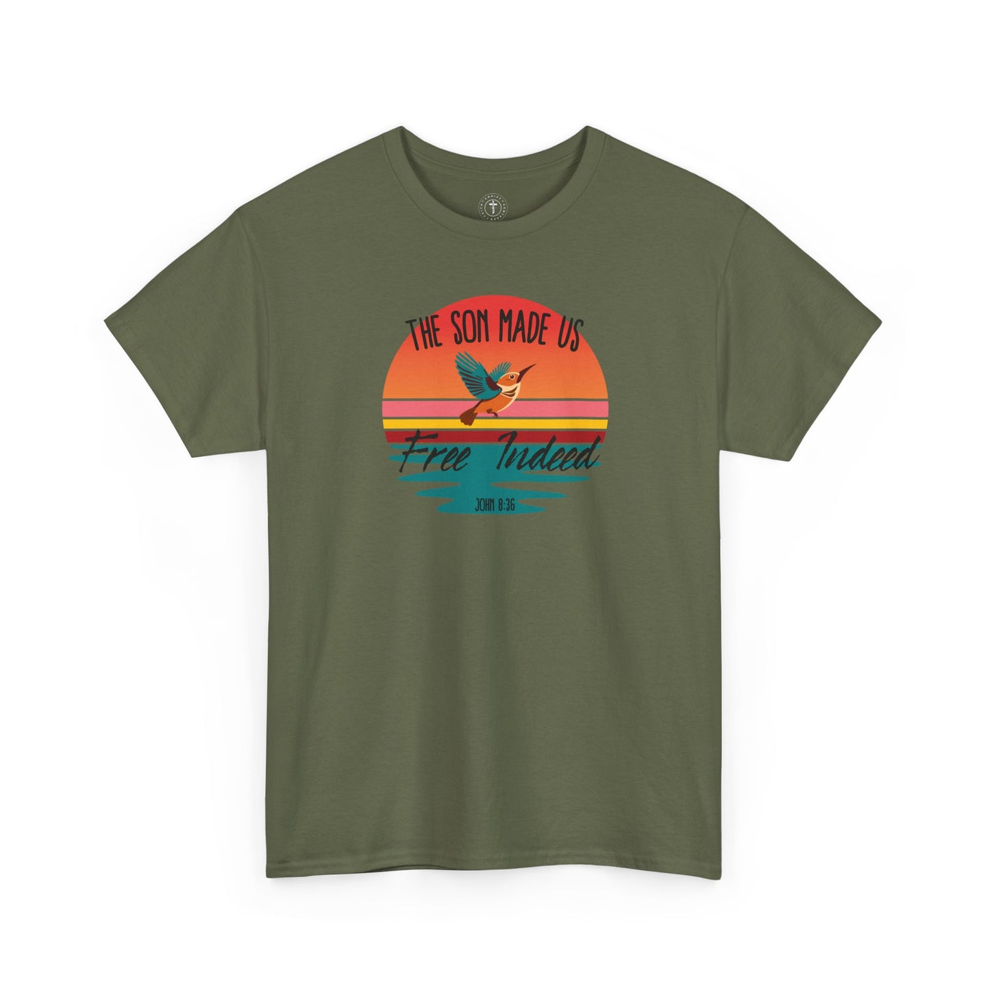 Christ Centered Faith men's Christian T-shirt with "The Son Made Us Free Indeed" and John 8:36 Bible verse text in black over retro sunset and hummingbird design on military green background.