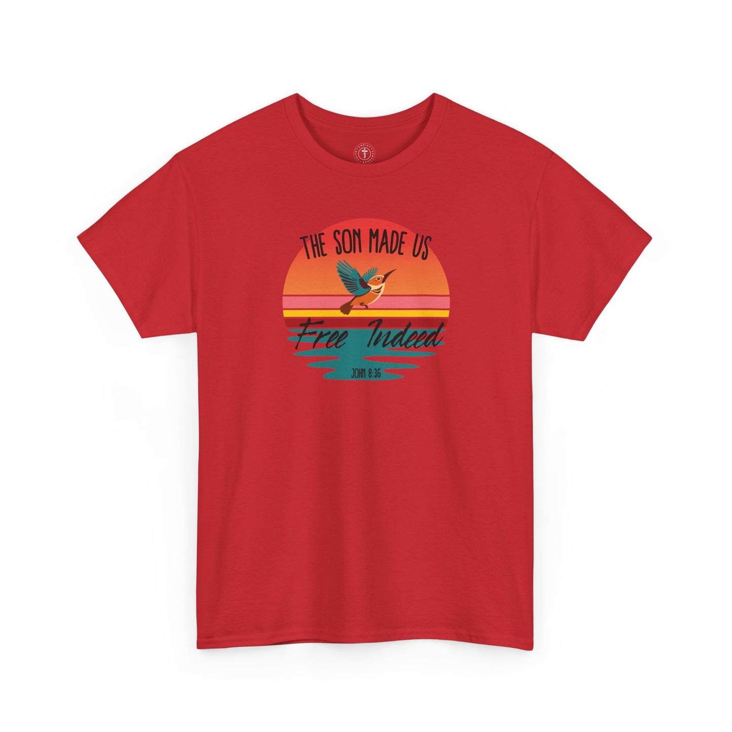 Christ Centered Faith men's Christian T-shirt with "The Son Made Us Free Indeed" and John 8:36 Bible verse text in black over retro sunset and hummingbird design on red background.