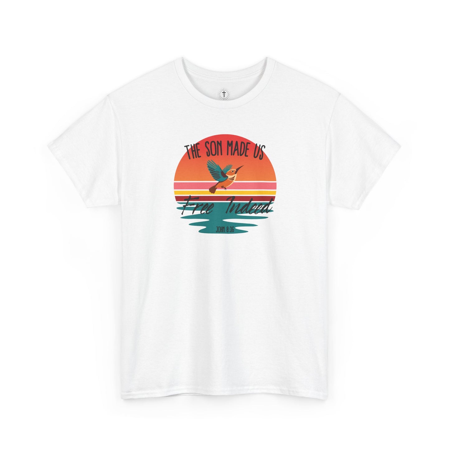 Christ Centered Faith men's Christian T-shirt with "The Son Made Us Free Indeed" and John 8:36 Bible verse text in black over retro sunset and hummingbird design on white background.