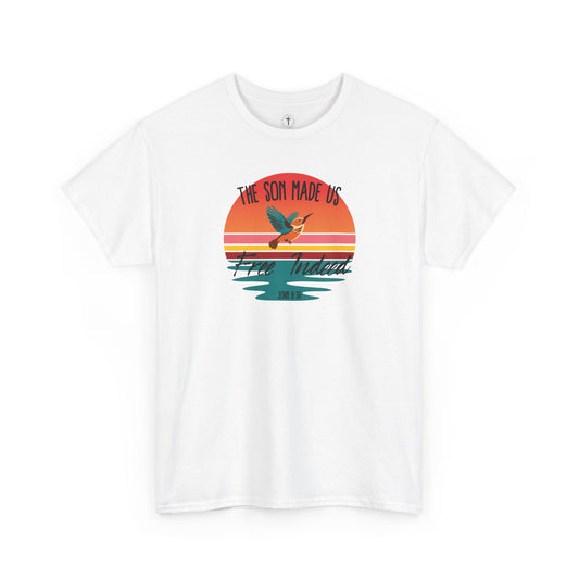 Christ Centered Faith men's Christian T-shirt with "The Son Made Us Free Indeed" and John 8:36 Bible verse text in black over retro sunset and hummingbird design on white background.