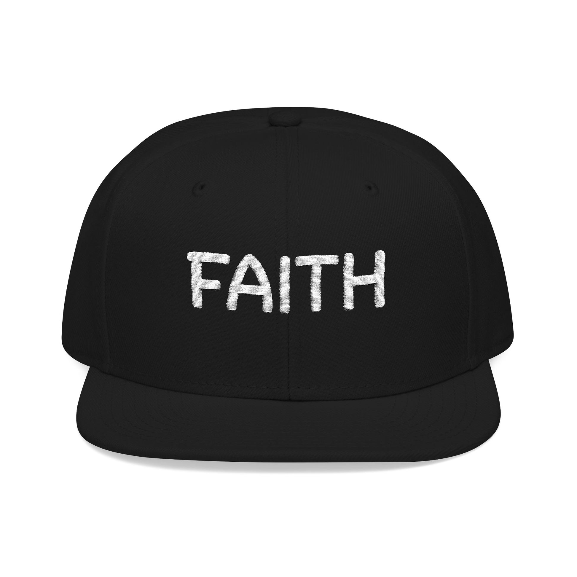 Christ Centered Faith unisex Christian flat brim snapback hat with "Faith" text embroidered in white on black background.