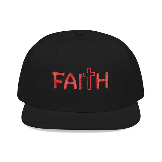Christ Centered Faith unisex Christian flat brim snapback hat with "Faith" text and cross embroidered in red on black background.