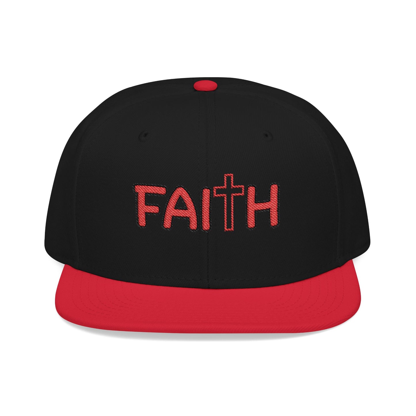 Christ Centered Faith unisex Christian flat brim snapback hat with "Faith" text and cross embroidered in red with red brim on black background.