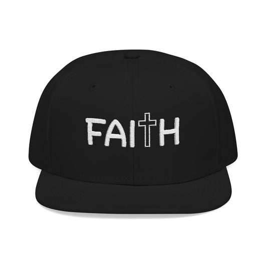 Christ Centered Faith unisex Christian flat brim snapback hat with "Faith" text and cross embroidered in white on black background.