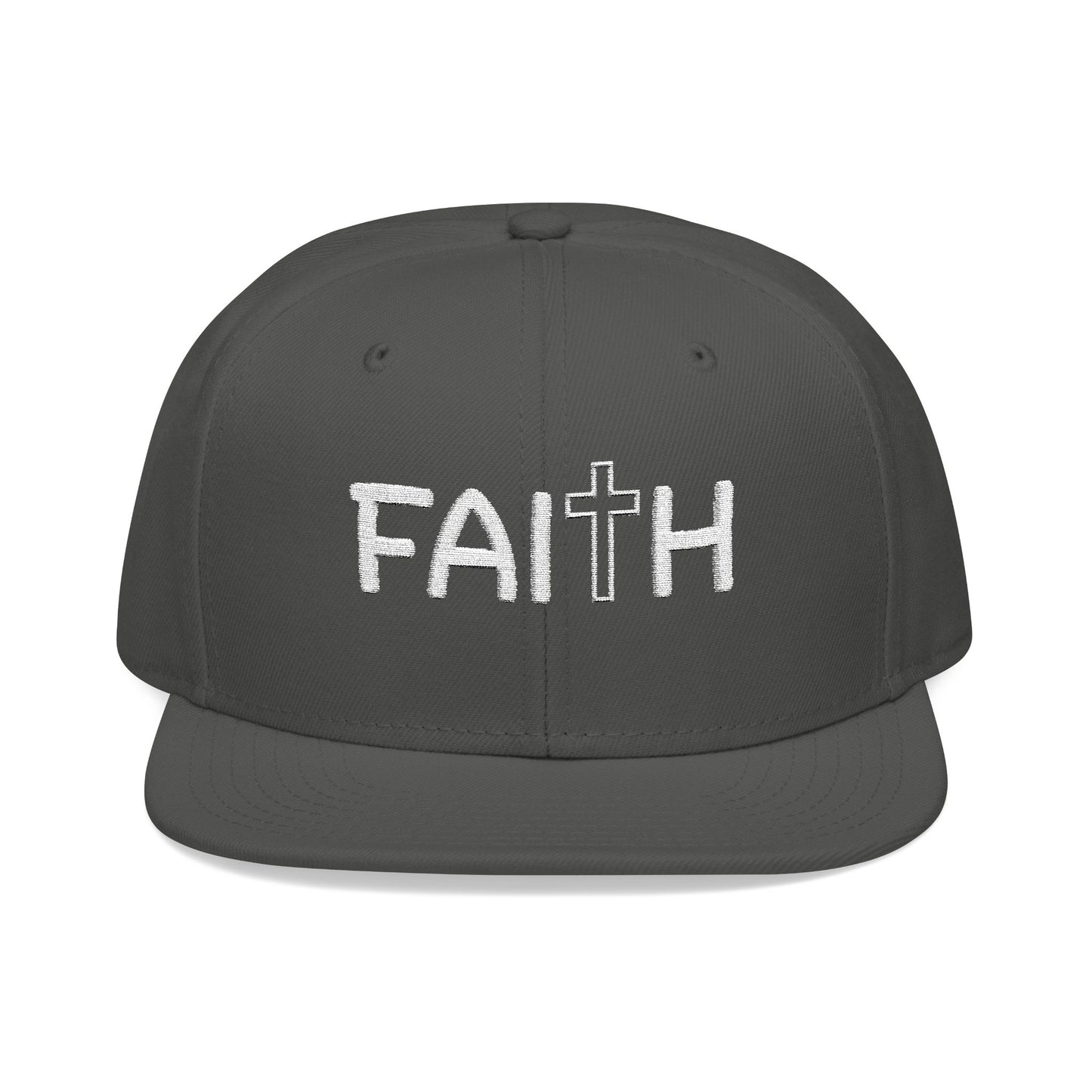 Christ Centered Faith unisex Christian flat brim snapback hat with "Faith" text and cross embroidered in white on gray background.