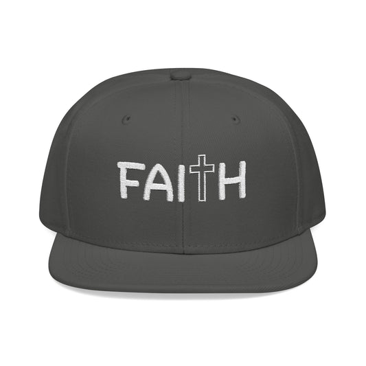 Christ Centered Faith unisex Christian flat brim snapback hat with "Faith" text and cross embroidered in white on gray background.