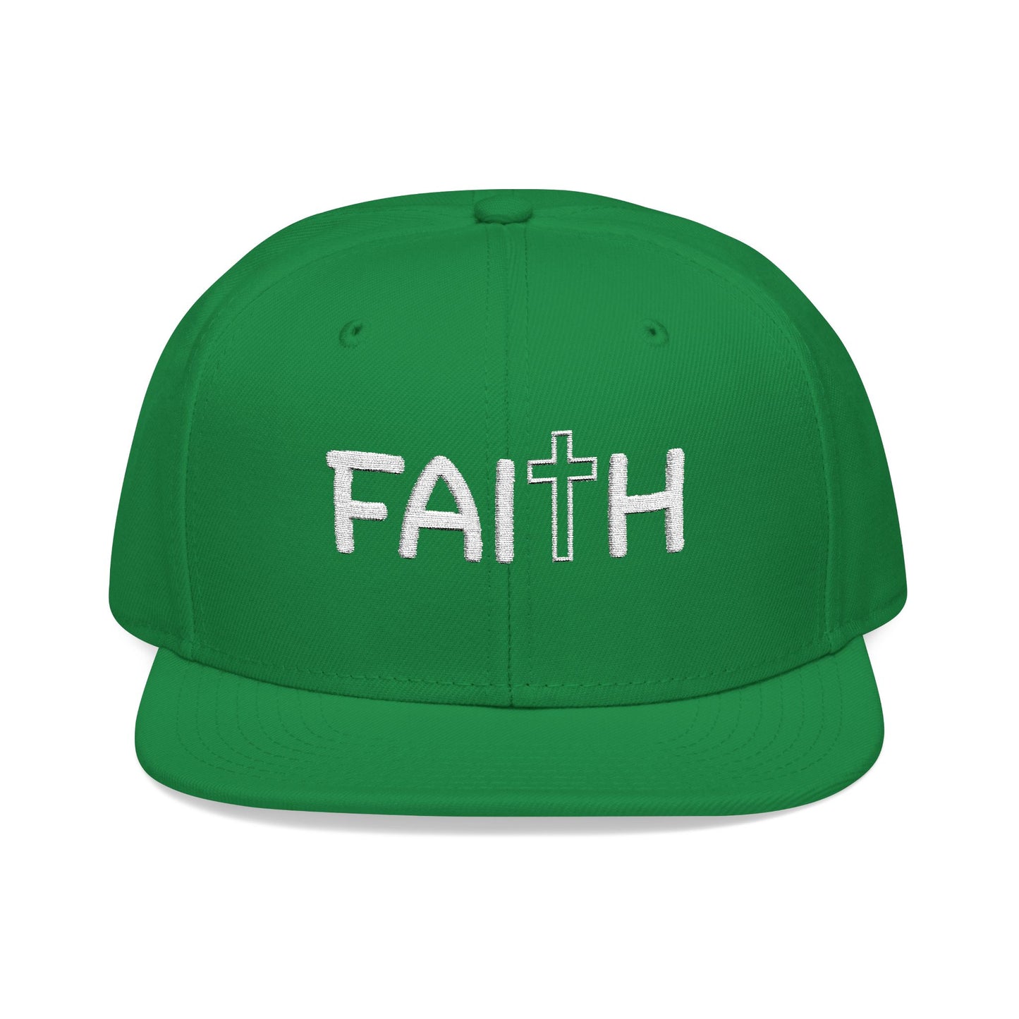 Christ Centered Faith unisex Christian flat brim snapback hat with "Faith" text and cross embroidered in white on green background.