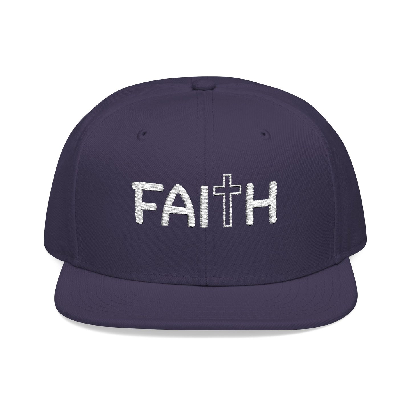 Christ Centered Faith unisex Christian flat brim snapback hat with "Faith" text and cross embroidered in white on navy background.