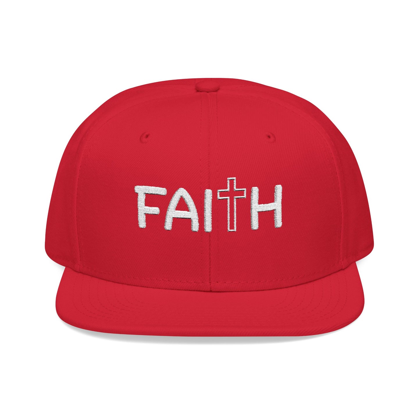 Christ Centered Faith unisex Christian flat brim snapback hat with "Faith" text and cross embroidered in white on red background.