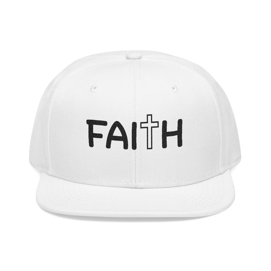Christ Centered Faith unisex Christian flat brim snapback hat with "Faith" text and cross embroidered in black on white background.