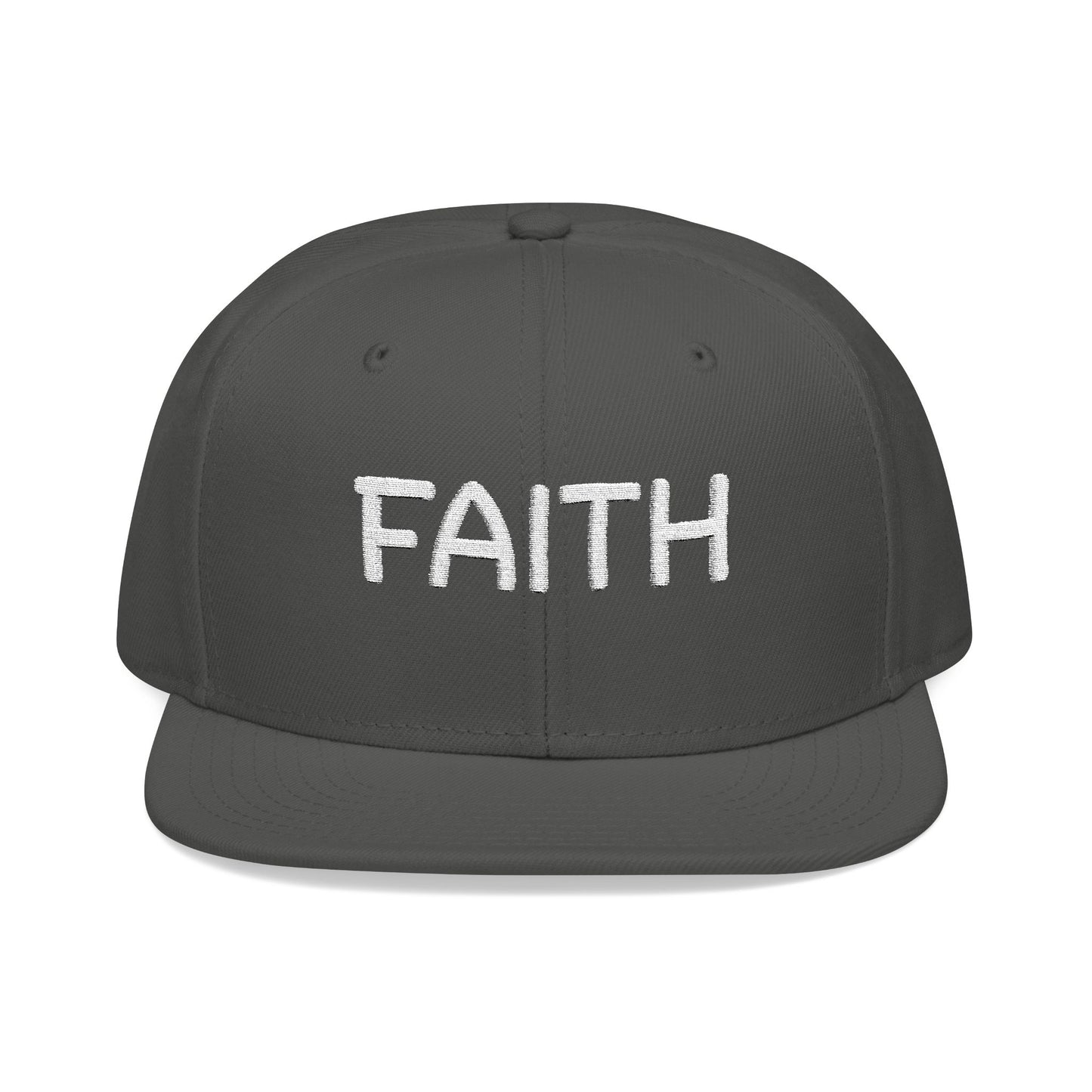 Christ Centered Faith unisex Christian flat brim snapback hat with "Faith" text embroidered in white on gray background.