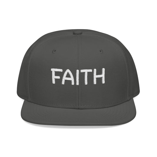 Christ Centered Faith unisex Christian flat brim snapback hat with "Faith" text embroidered in white on gray background.