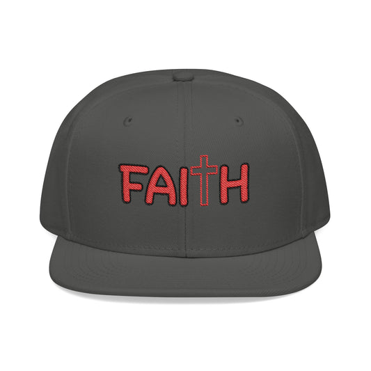 Christ Centered Faith unisex Christian flat brim snapback hat with "Faith" text and cross embroidered in red on gray background.