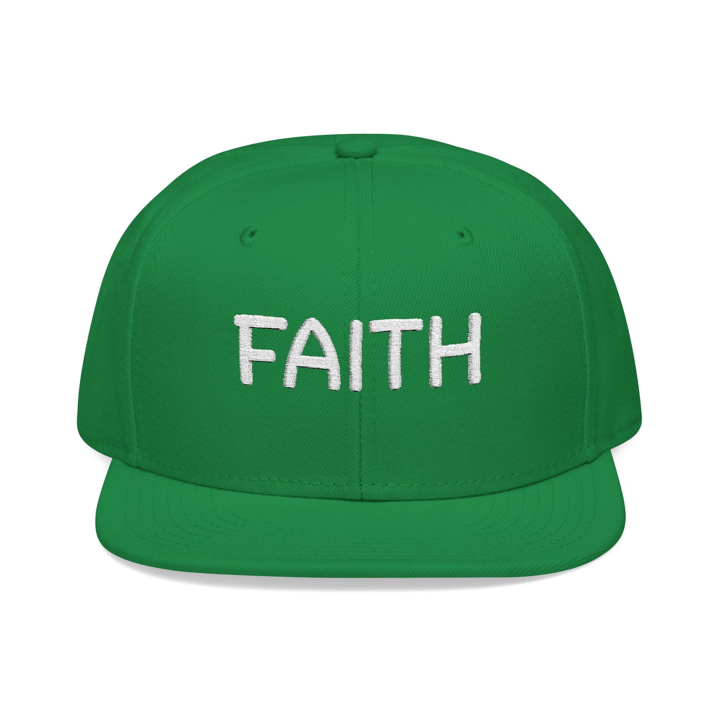Christ Centered Faith unisex Christian flat brim snapback hat with "Faith" text embroidered in white on green background.