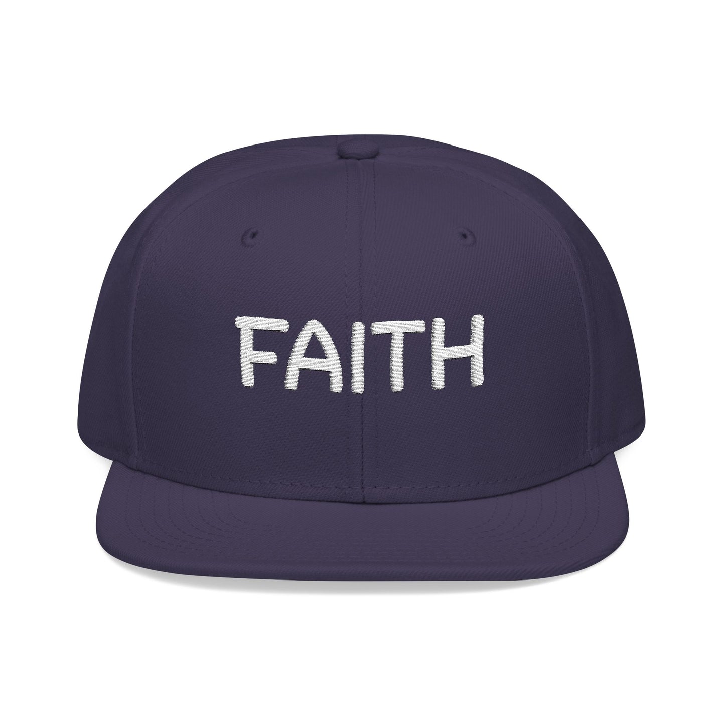 Christ Centered Faith unisex Christian flat brim snapback hat with "Faith" text embroidered in white on navy background.