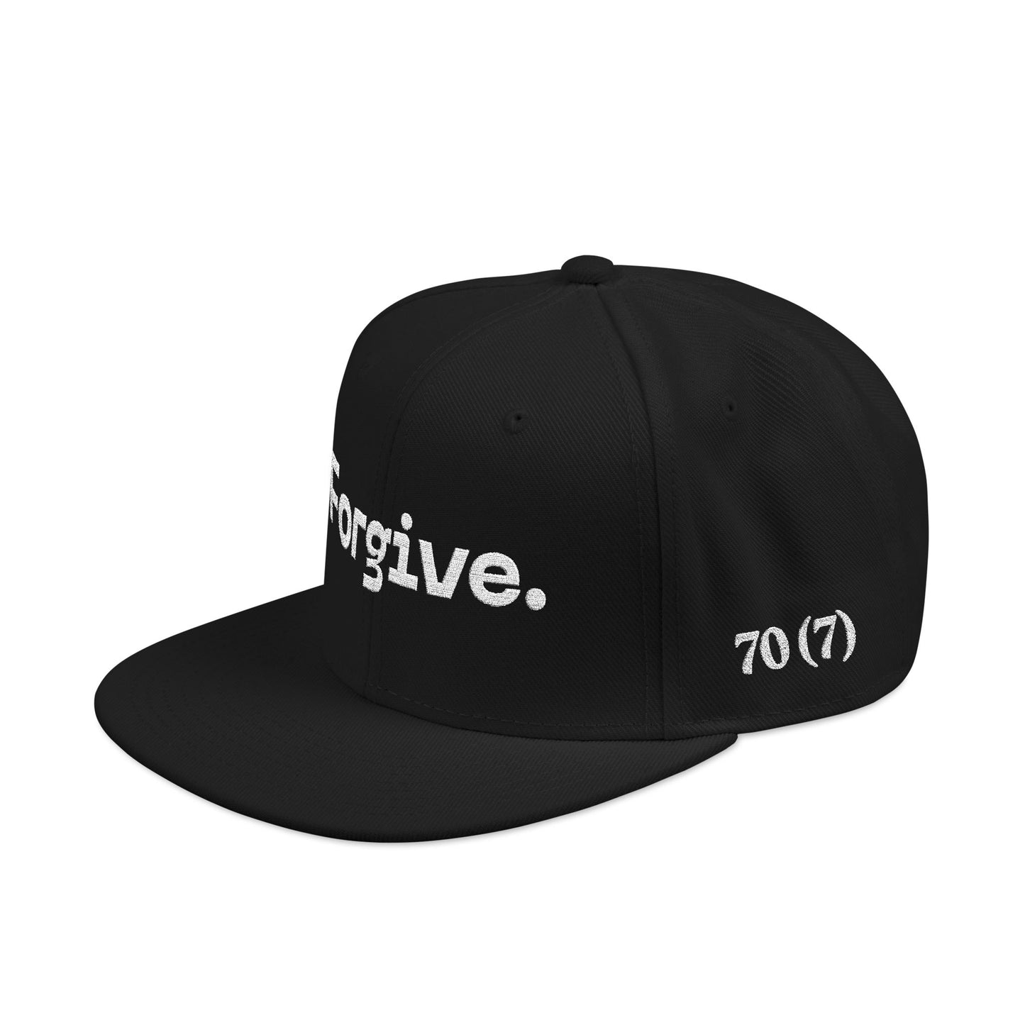 Christ Centered Faith unisex Christian flat brim snapback hat with "Forgive" and "70 (7)" text embroidered in white on black background, side view.