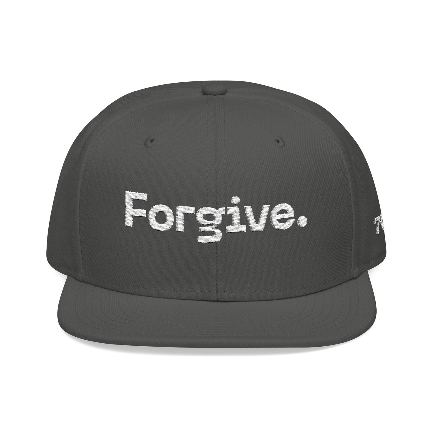 Christ Centered Faith unisex Christian flat brim snapback hat with "Forgive" text embroidered in white on gray background.