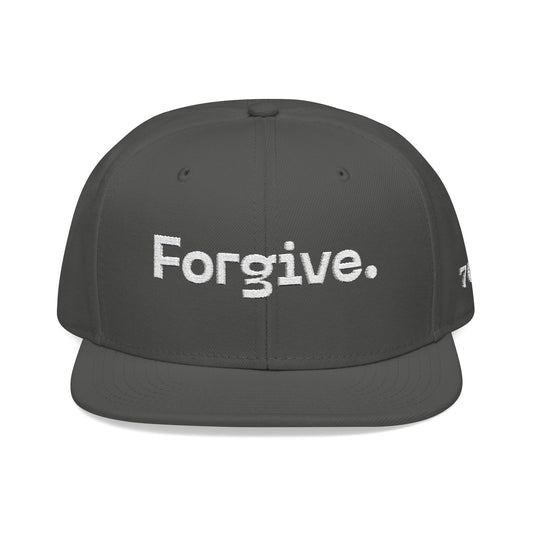 Christ Centered Faith unisex Christian flat brim snapback hat with "Forgive" text embroidered in white on gray background.