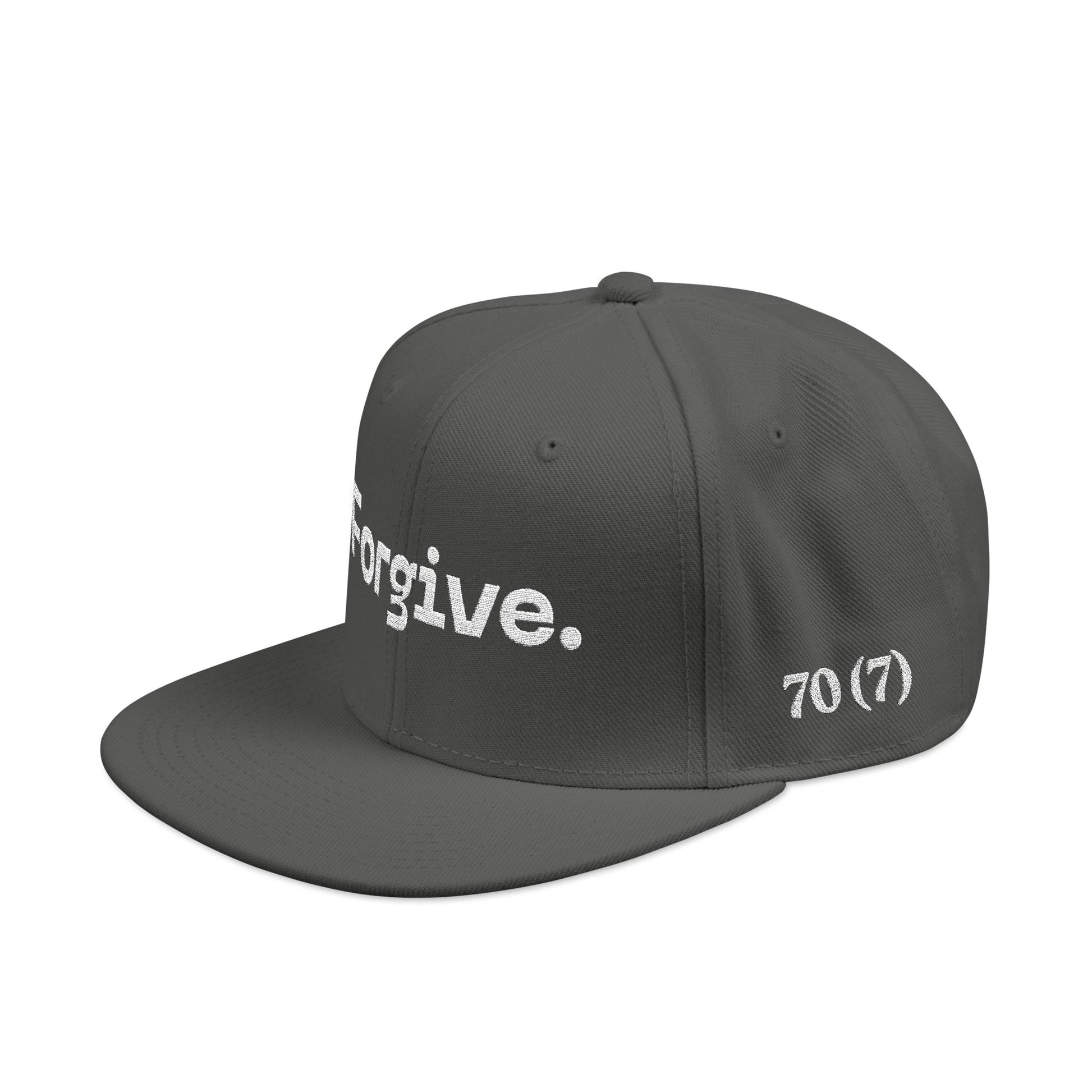 Christ Centered Faith unisex Christian flat brim snapback hat with "Forgive" and "70 (7)" text embroidered in white on gray background, side view.