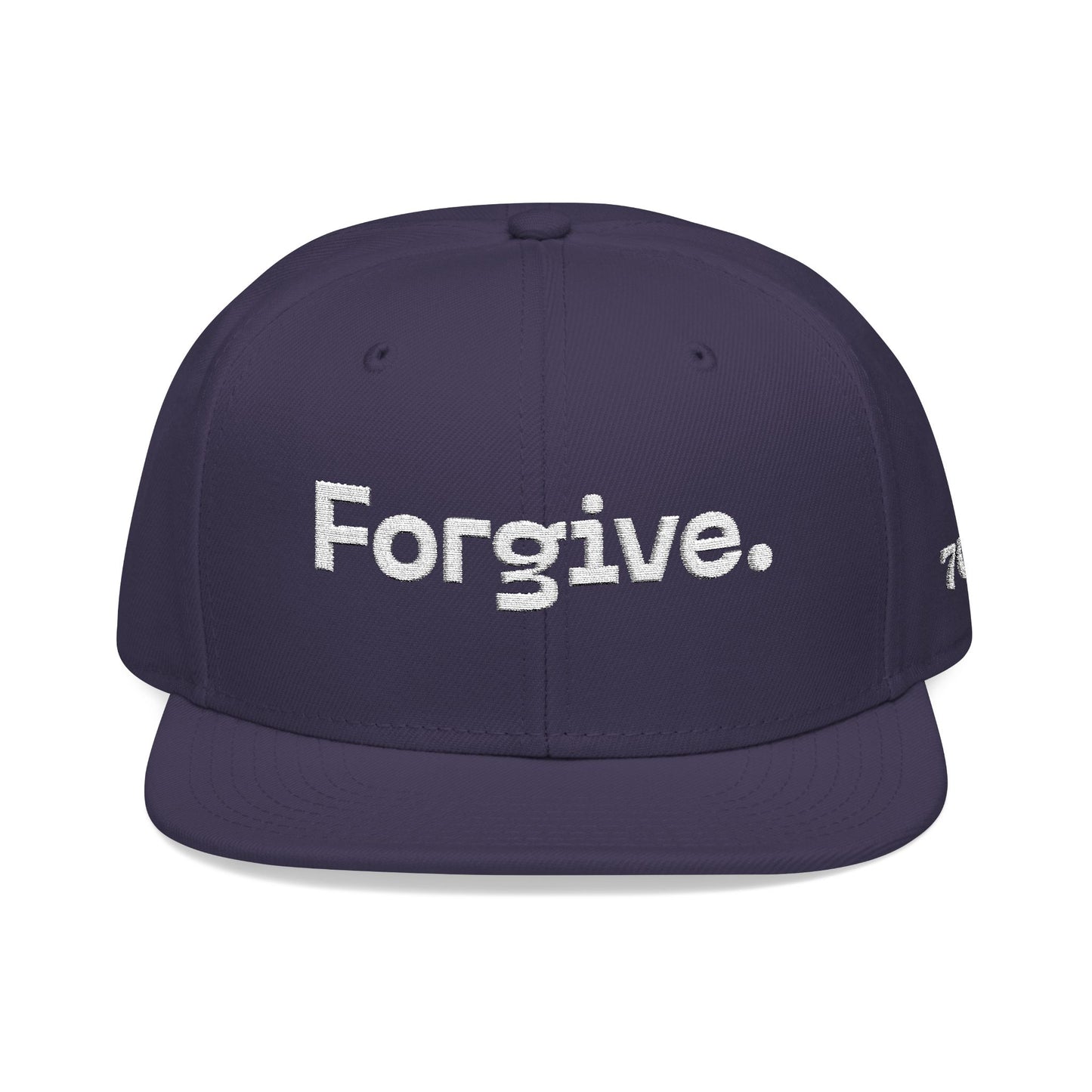 Christ Centered Faith unisex Christian flat brim snapback hat with "Forgive" text embroidered in white on navy background.