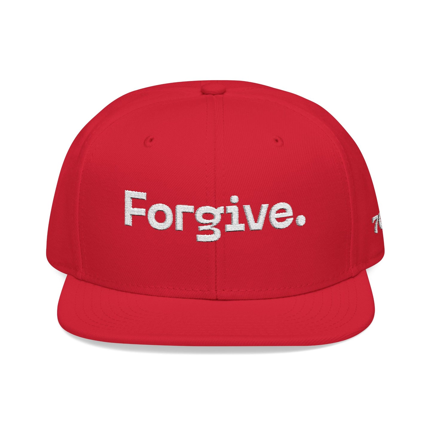 Christ Centered Faith unisex Christian flat brim snapback hat with "Forgive" text embroidered in white on red background.