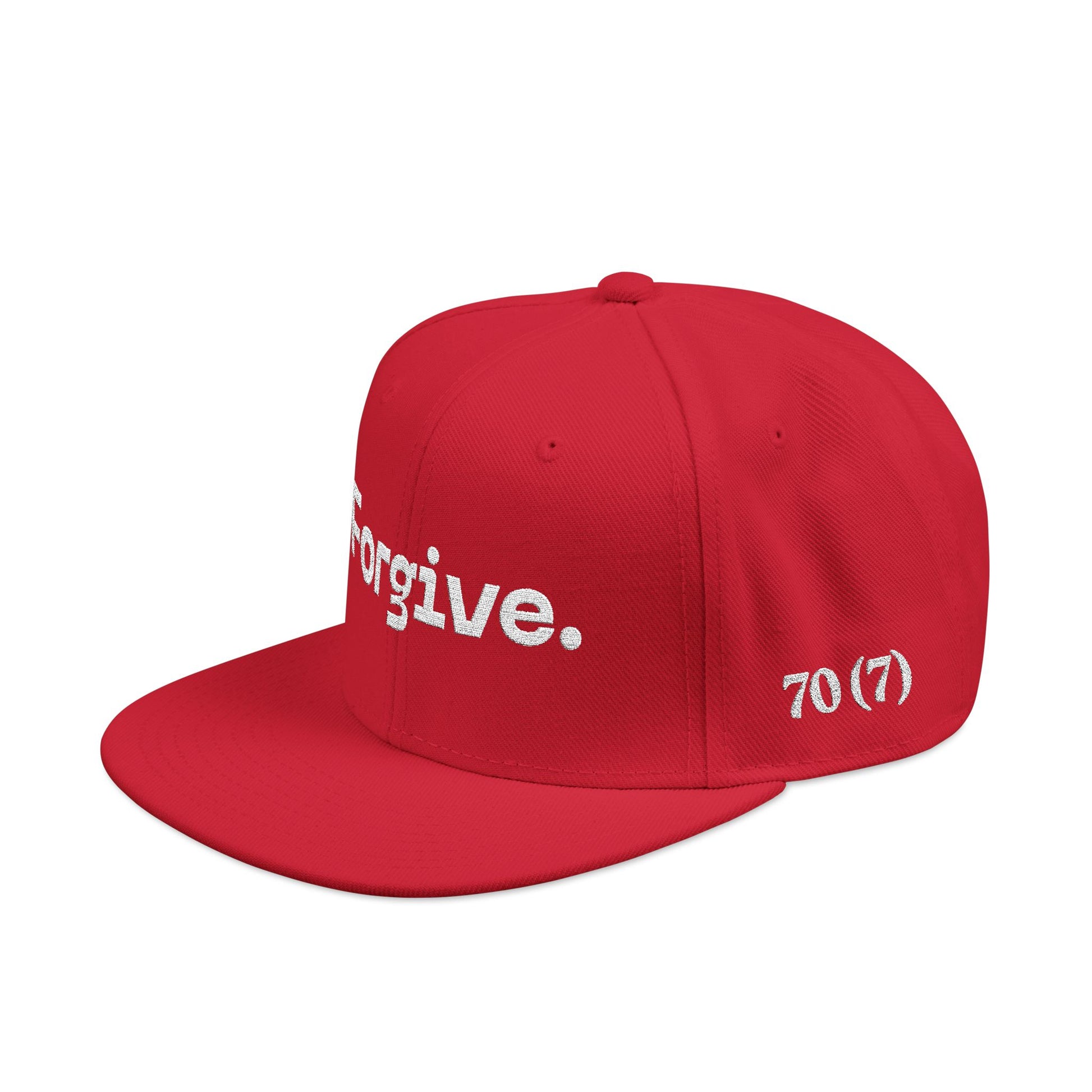 Christ Centered Faith unisex Christian flat brim snapback hat with "Forgive" and "70 (7)" text embroidered in white on red background, side view.