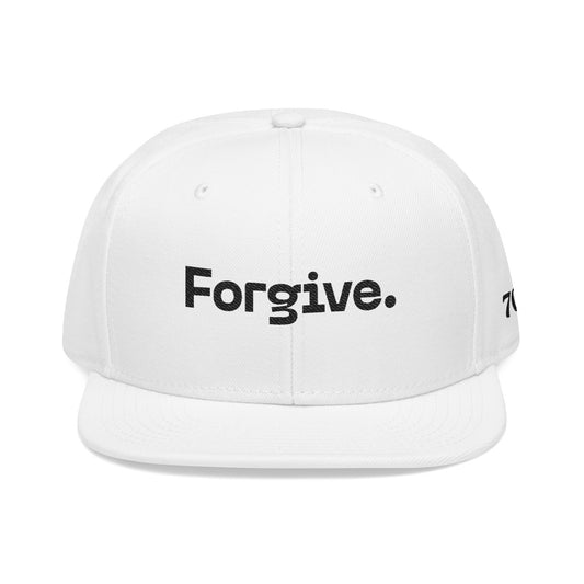 Christ Centered Faith unisex Christian flat brim snapback hat with "Forgive" text embroidered in black on white background.