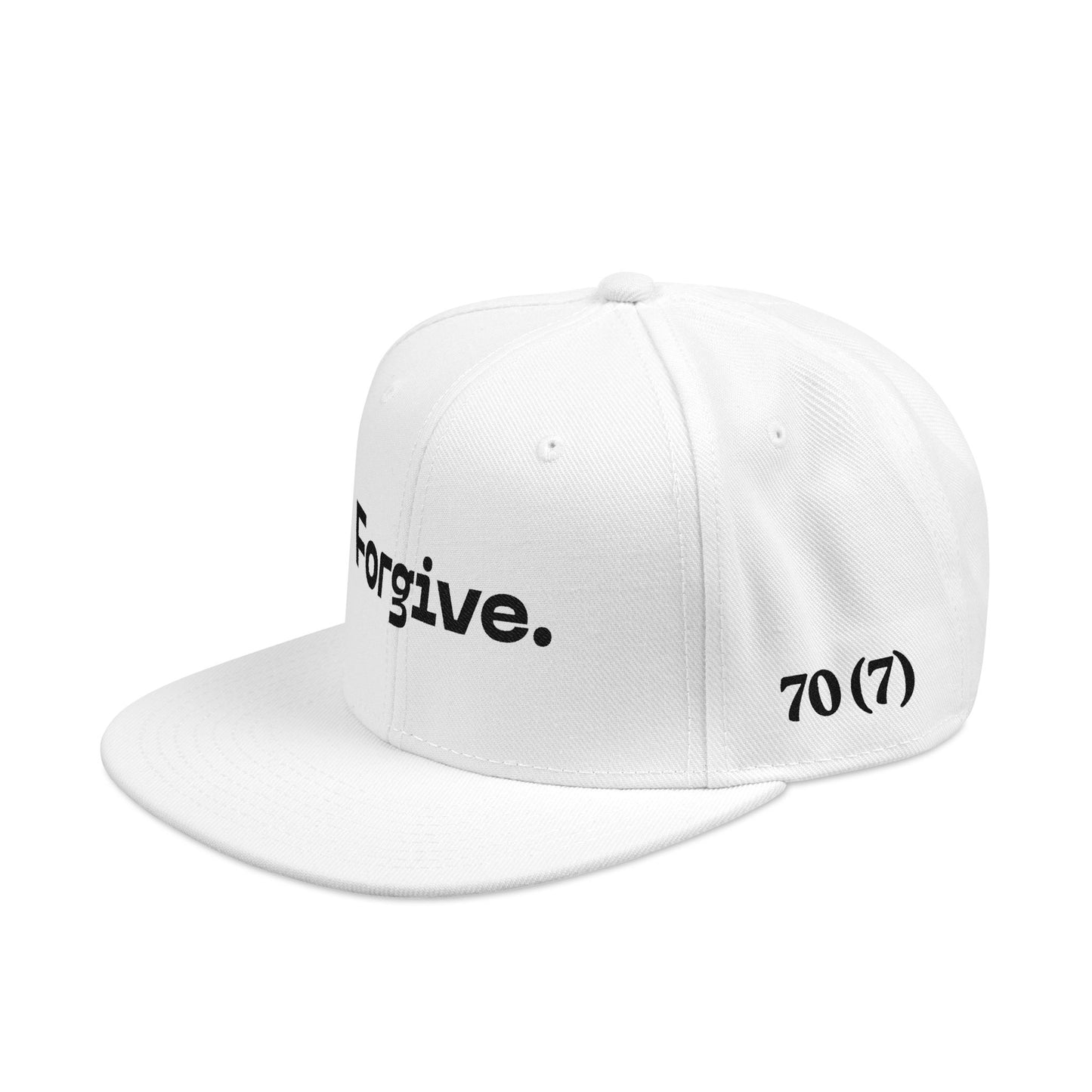Christ Centered Faith unisex Christian flat brim snapback hat with "Forgive" and "70 (7)" text embroidered in black on white background, side view.