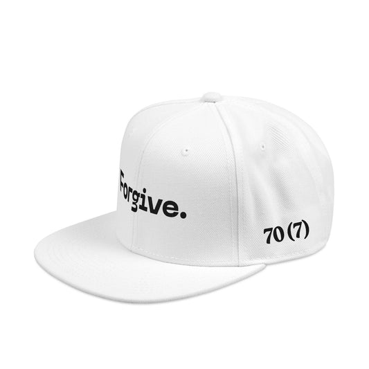 Christ Centered Faith unisex Christian flat brim snapback hat with "Forgive" and "70 (7)" text embroidered in black on white background, side view.