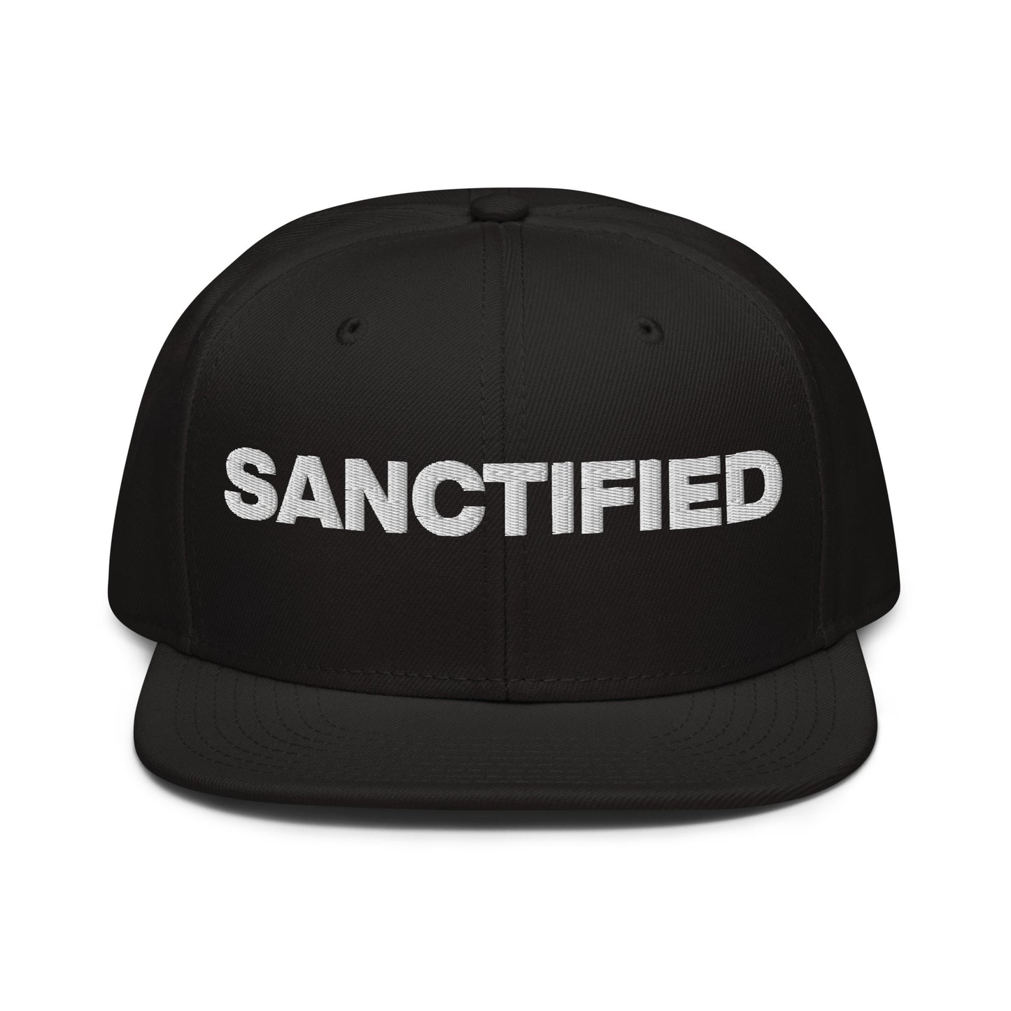 Christ Centered Faith unisex Christian snapback hat with "Sanctified" text embroidered in white on black background.