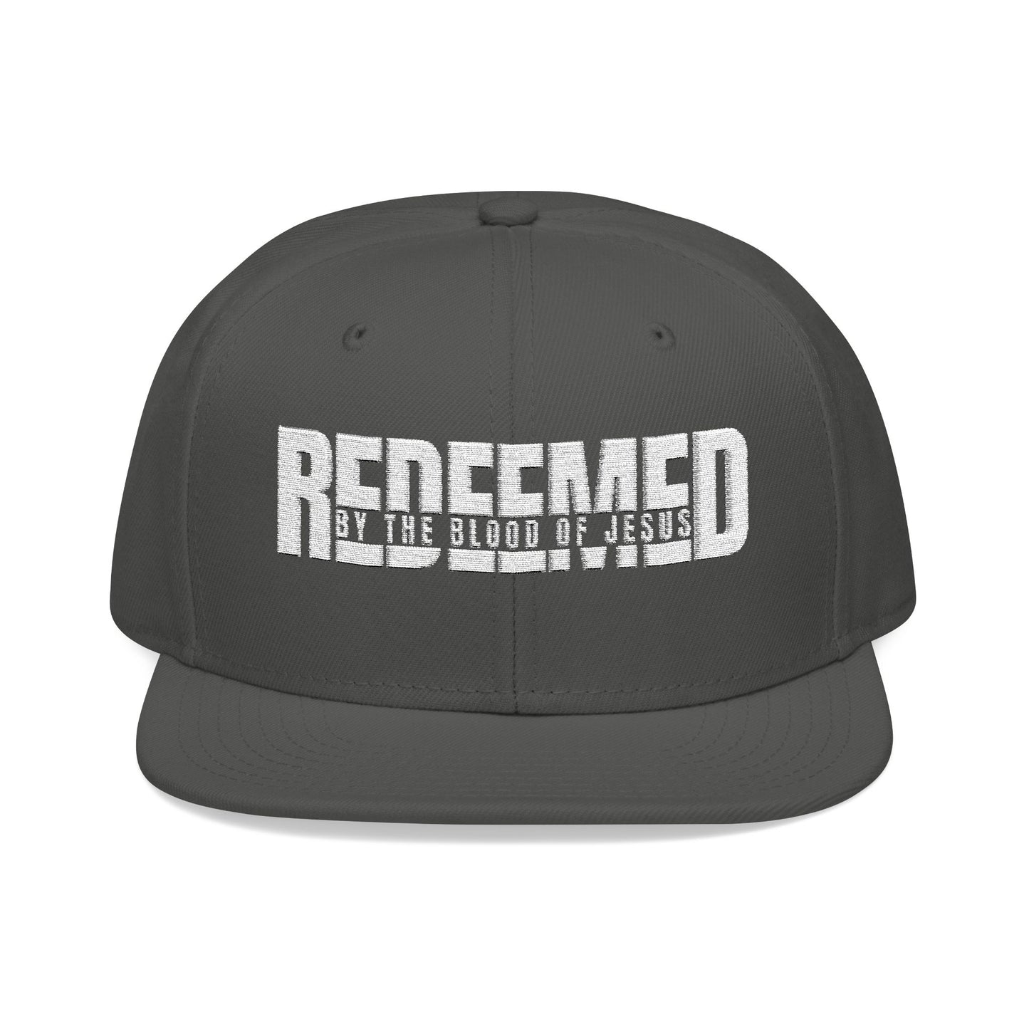 Christ Centered Faith unisex Christian snapback hat with "Redeemed By The Blood Of Jesus" text embroidered in white on charcoal gray background.