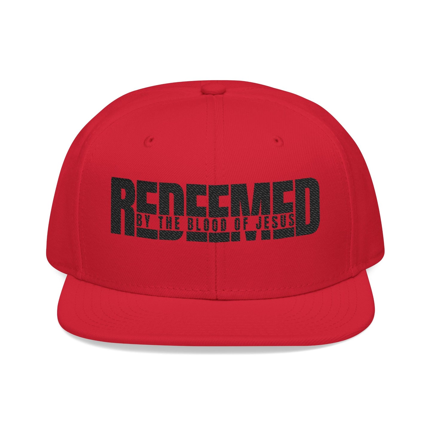 Christ Centered Faith unisex Christian snapback hat with "Redeemed By The Blood Of Jesus" text embroidered in black on red background.