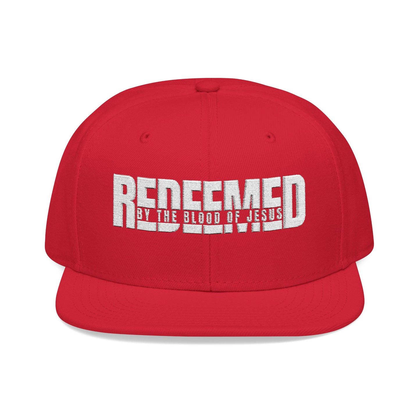 Christ Centered Faith unisex Christian snapback hat with "Redeemed By The Blood Of Jesus" text embroidered in white on red background.