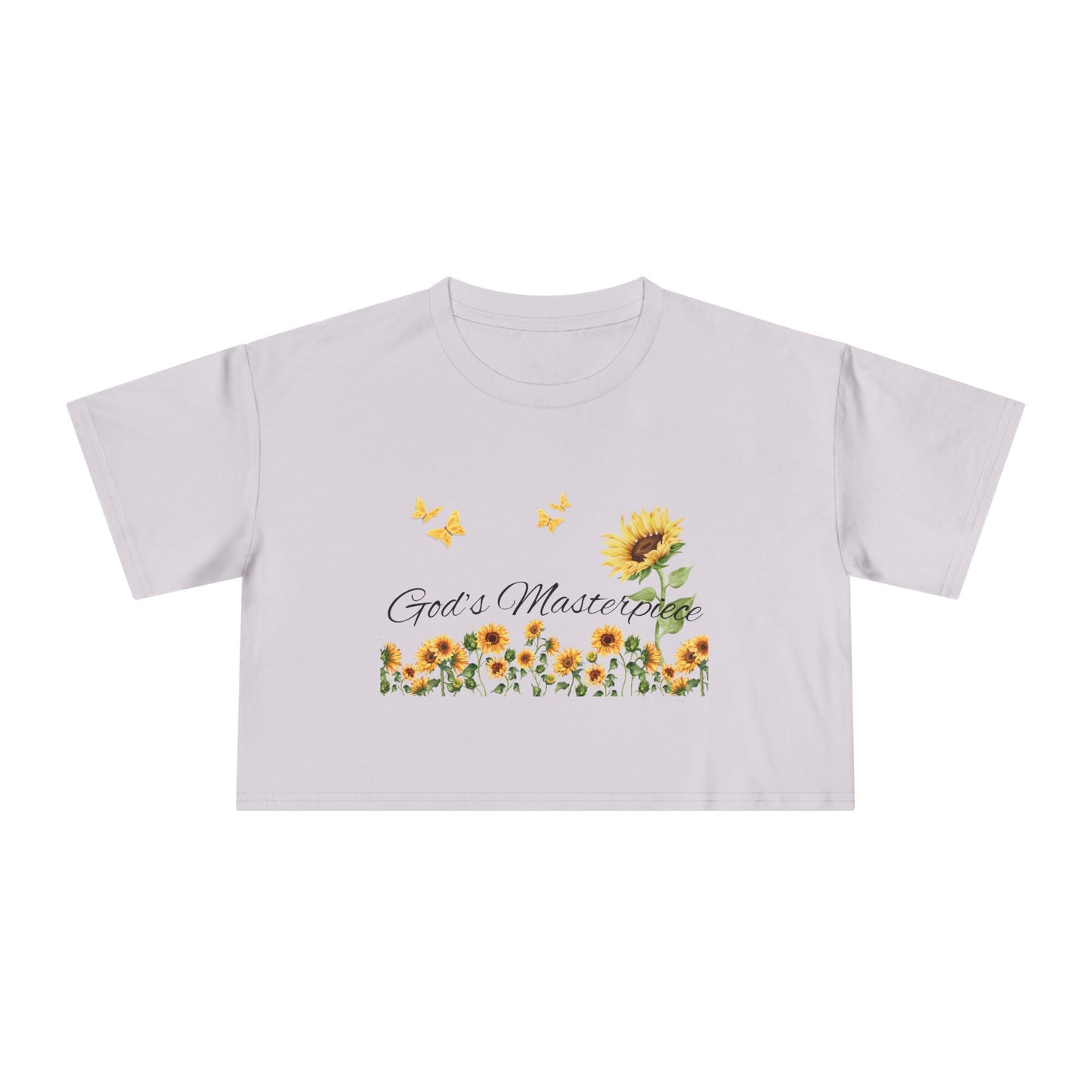 Christ Centered Faith women's cropped Christian t-shirt with "God's Masterpiece" text in black surrounded by sunflowers and yellow butterflies on violet background.