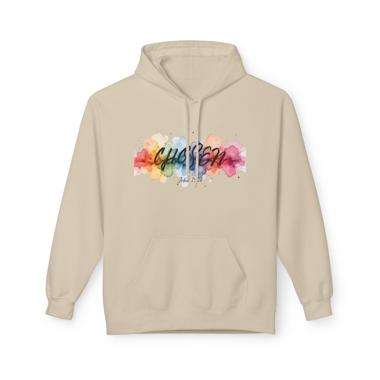 Christ Centered Faith women's Christian hoodie with "Chosen" text in black over a multicolor watercolor mark on beige background.
