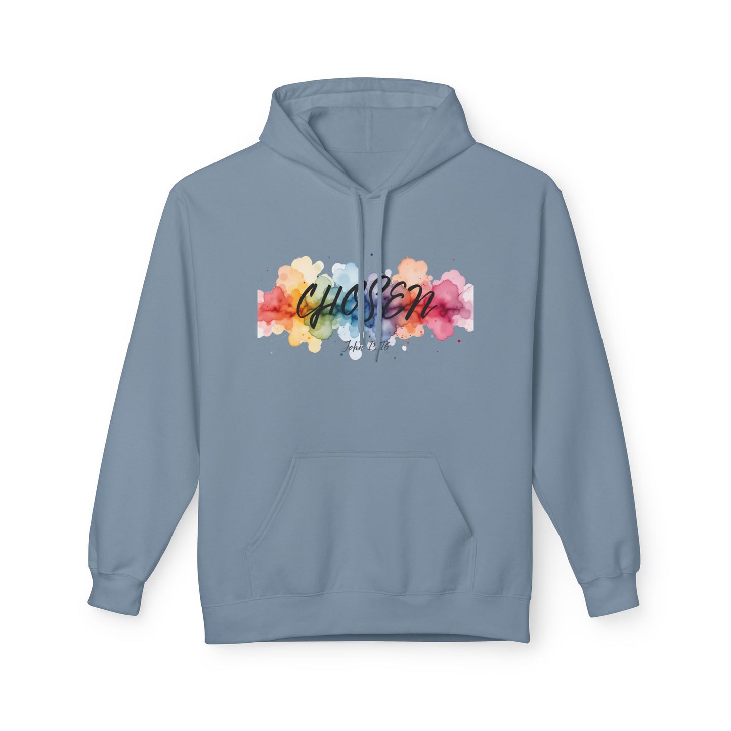 Christ Centered Faith women's Christian hoodie with "Chosen" text in black over a multicolor watercolor mark on blue background.