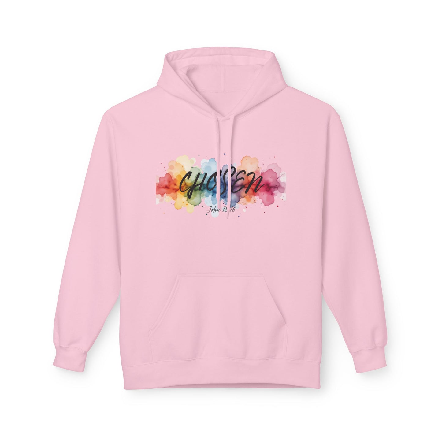 Christ Centered Faith women's Christian hoodie with "Chosen" text in black over a multicolor watercolor mark on pink background.