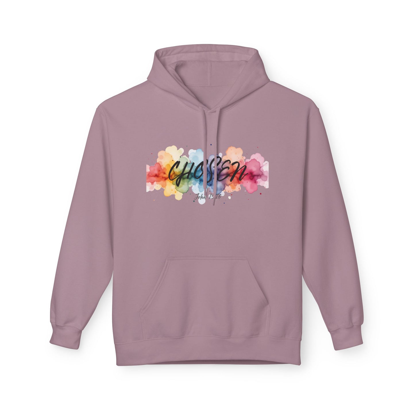 Christ Centered Faith women's Christian hoodie with "Chosen" text in black over a multicolor watercolor mark on lavender background.
