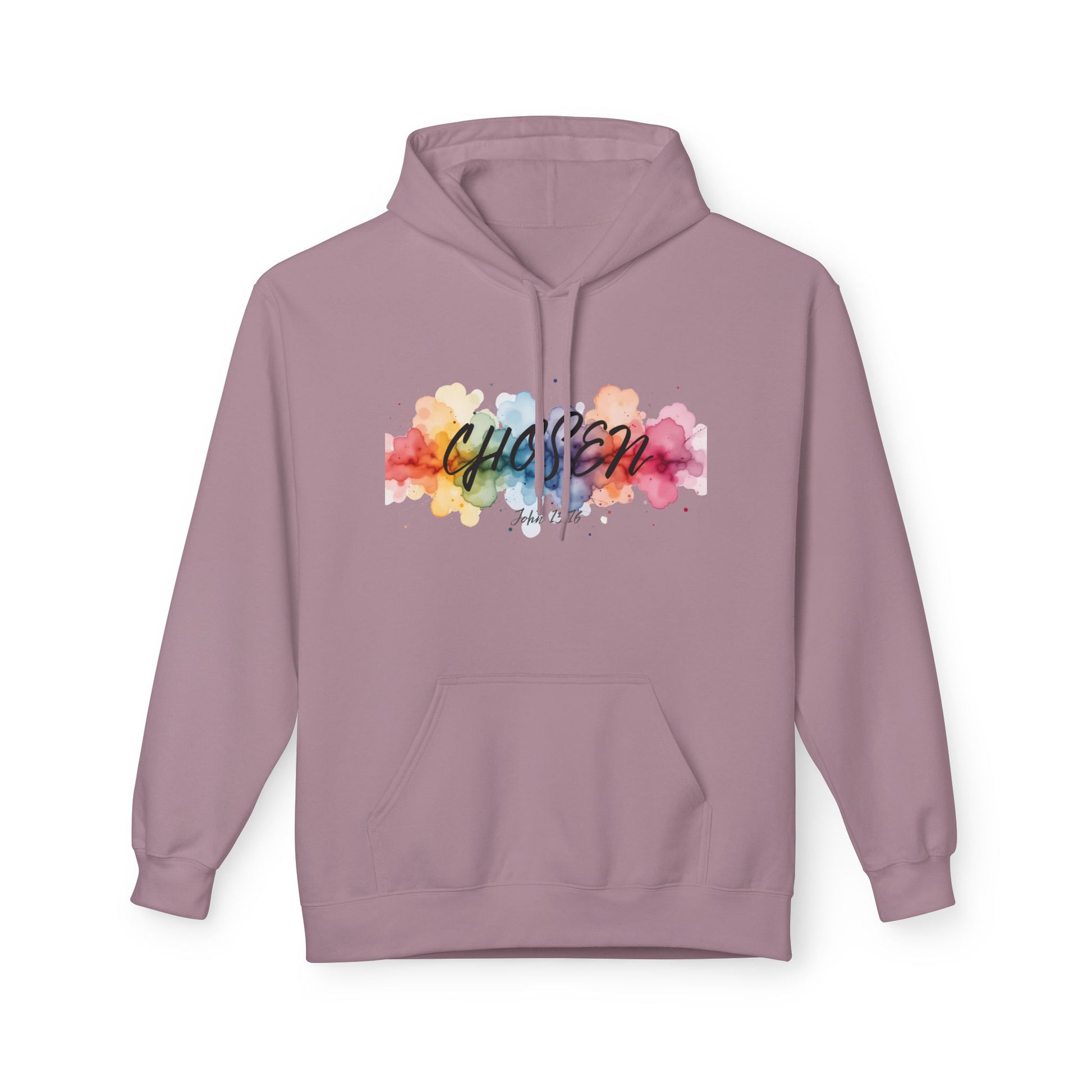 Christ Centered Faith women's Christian hoodie with "Chosen" text in black over a multicolor watercolor mark on lavender background.