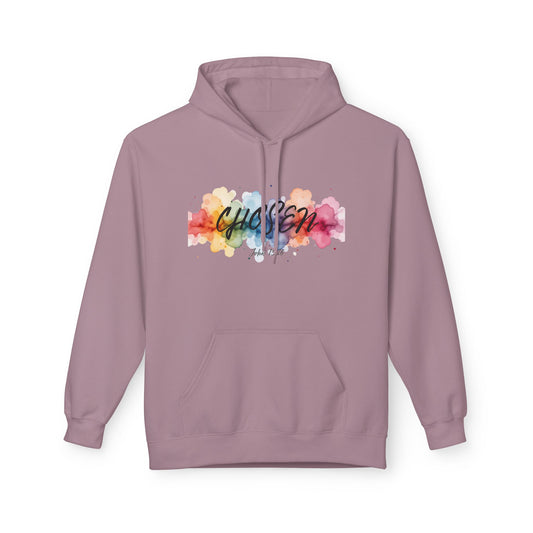 Christ Centered Faith women's Christian hoodie with "Chosen" text in black over a multicolor watercolor mark on lavender background.