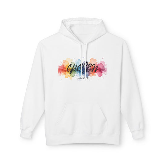 Christ Centered Faith women's Christian hoodie with "Chosen" text in black over a multicolor watercolor mark on white background.