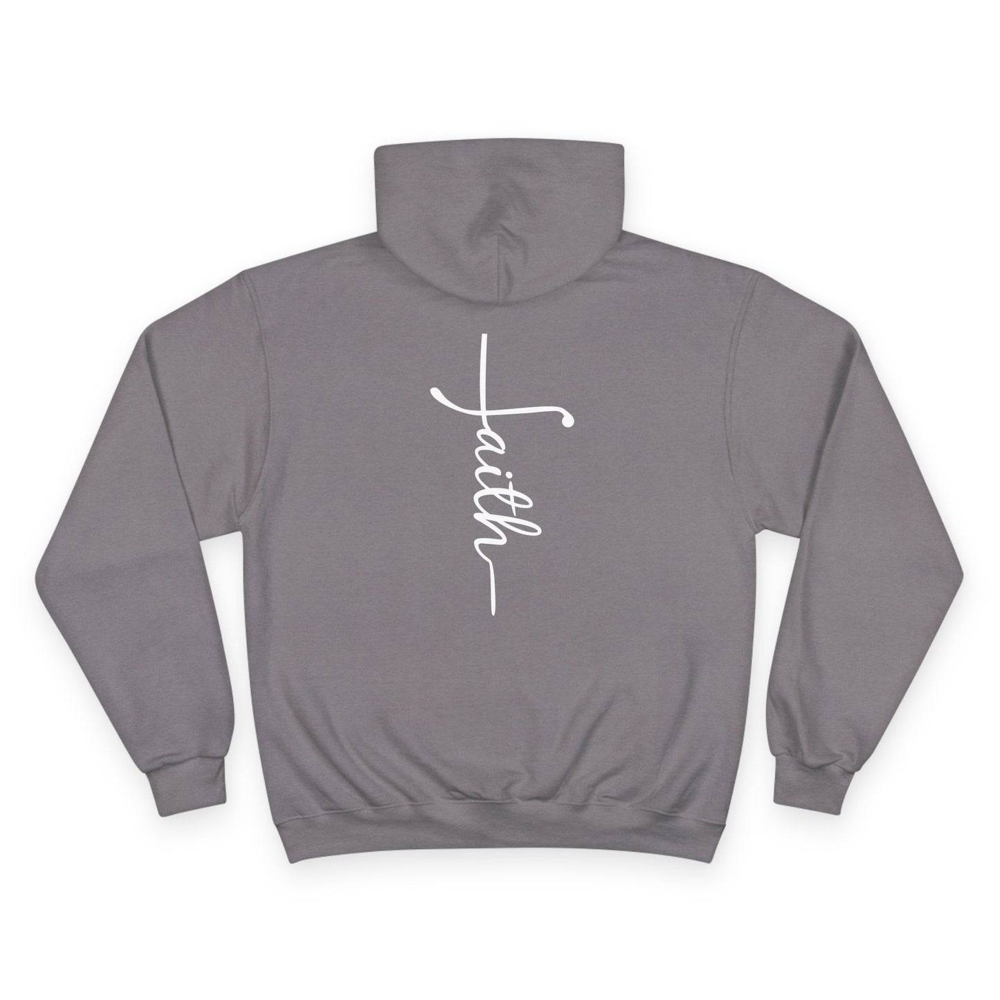 Christ Centered Faith women's Christian hoodie with vertical "Faith" text in white on gray background.