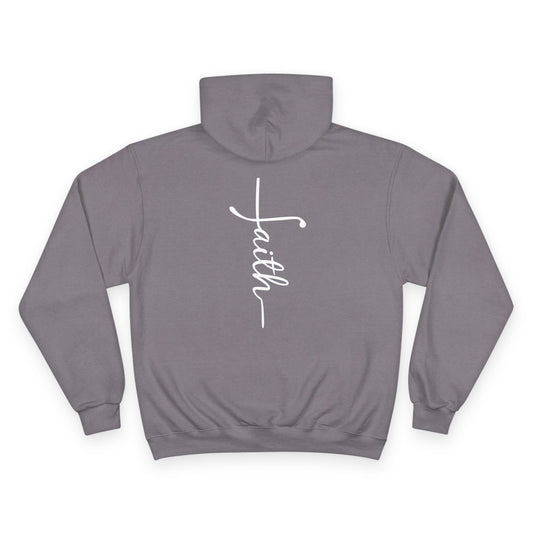 Christ Centered Faith women's Christian hoodie with vertical "Faith" text in white on gray background.