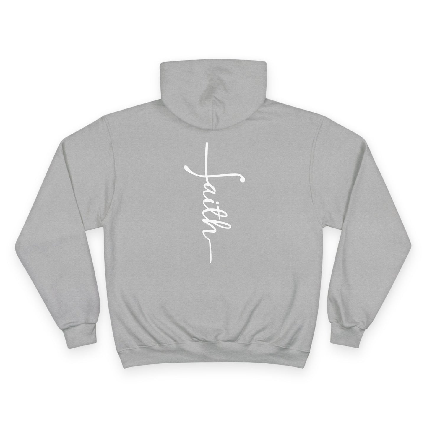 Christ Centered Faith women's Christian hoodie with vertical "Faith" text in white on heather gray background.
