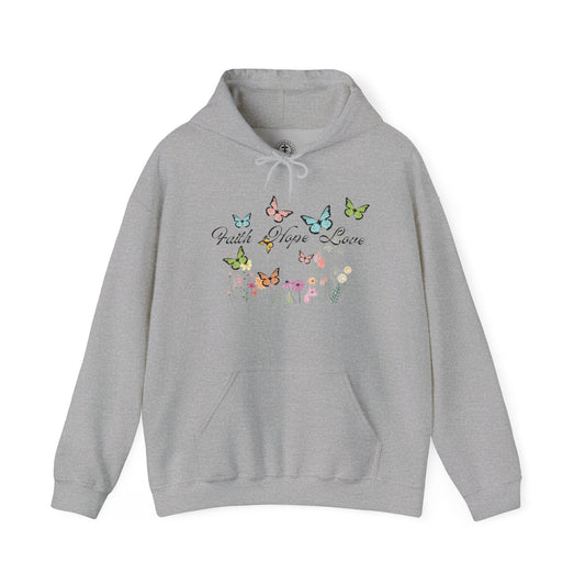 Christ Centered Faith women's Christian hoodie with "Faith Hope Love" text in black surrounded by multicolor butterflies and flowers on gray background.