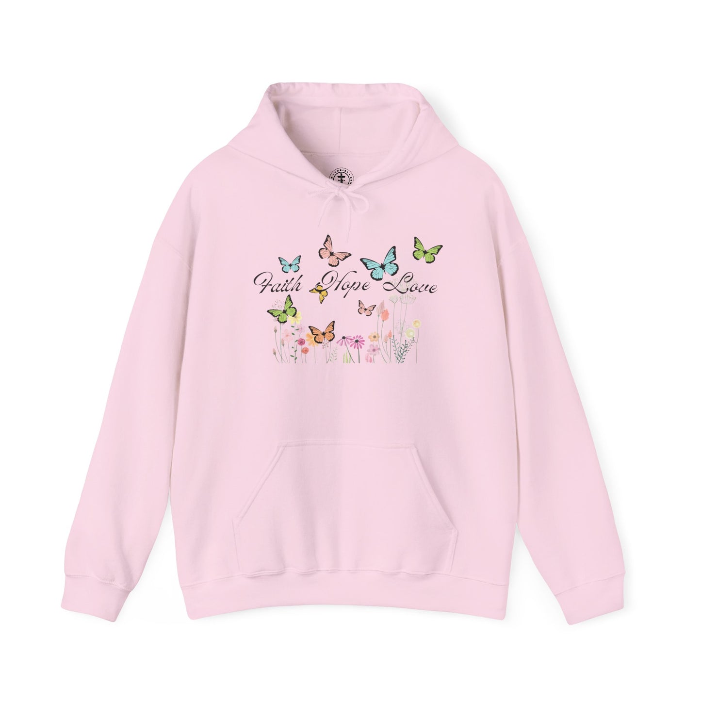 Christ Centered Faith women's Christian hoodie with "Faith Hope Love" text in black surrounded by multicolor butterflies and flowers on pink background.