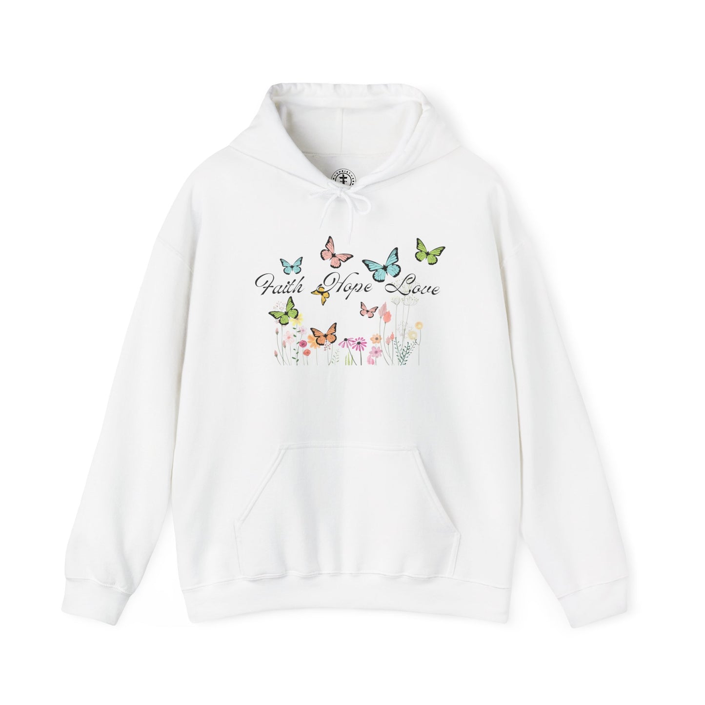 Christ Centered Faith women's Christian hoodie with "Faith Hope Love" text in black surrounded by multicolor butterflies and flowers on white background.