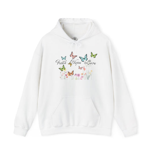 Christ Centered Faith women's Christian hoodie with "Faith Hope Love" text in black surrounded by multicolor butterflies and flowers on white background.